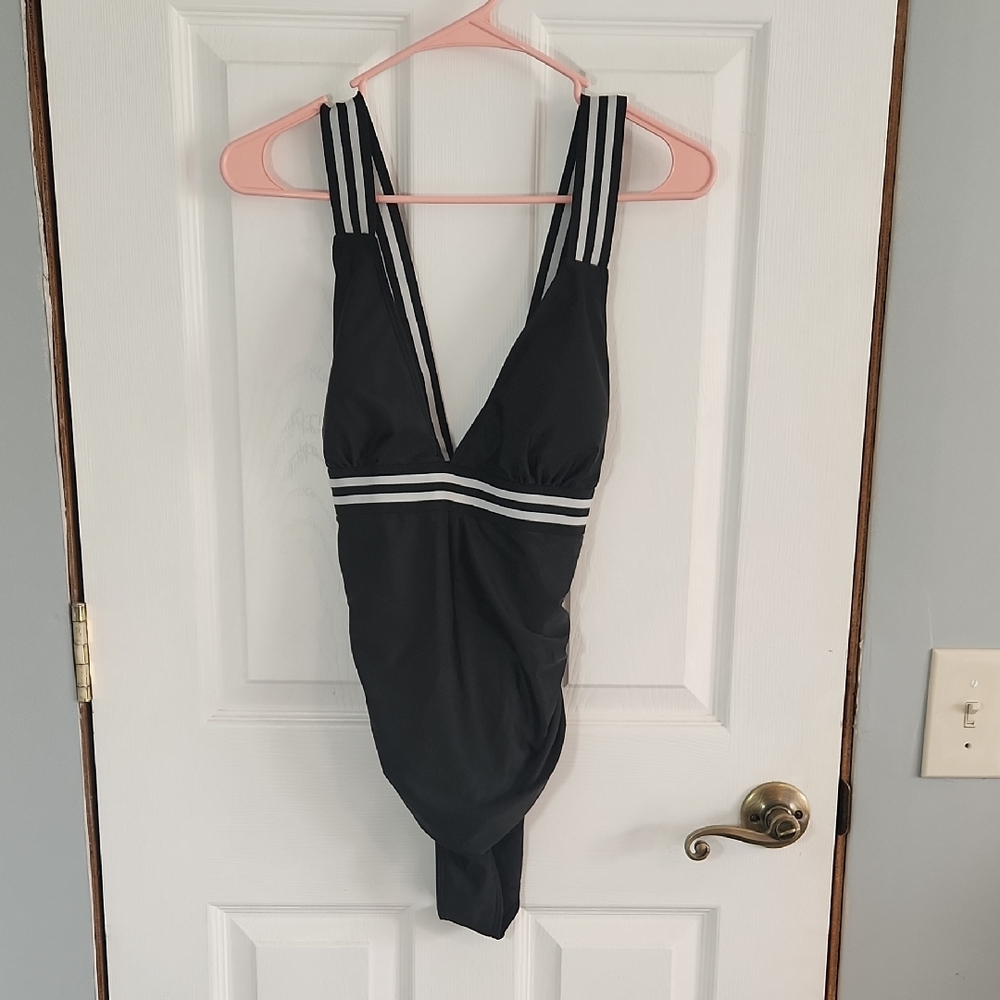 Funlingo Black One-Piece Swimsuit with White Stripes